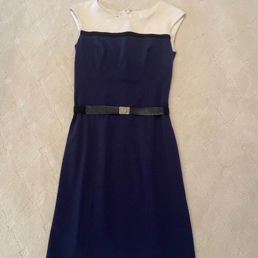 Kay Unger Sleeveless Belted Blue & White Color Block Sheath Dress  – Sz 4